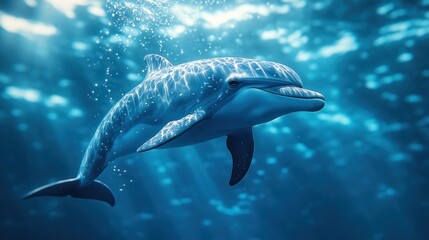 Fototapeta premium Dolphin swimming ocean sunlight bubbles underwater marine life