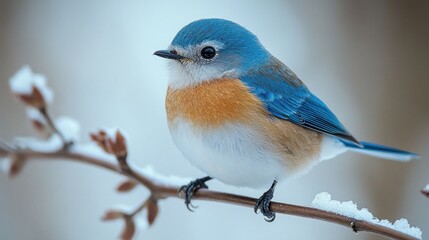 Bluebird perched snowy branch winter nature wildlife