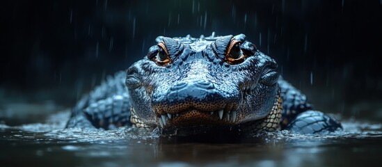 Fototapeta premium Alligator in rain, swamp, night, wildlife, nature, background, danger