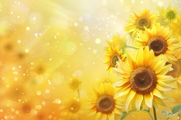 Beautiful sunflowers create a vibrant and cheerful yellow floral background, enhanced by a sparkling bokeh effect