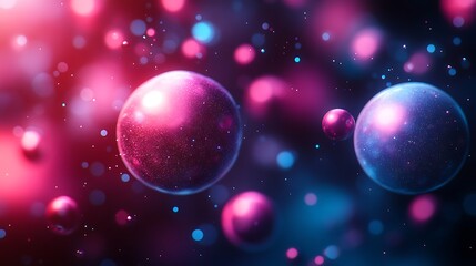 Cosmic Spheres: Abstract, luminous orbs in vibrant shades of pink and blue, suspended in a swirling universe of bokeh lights. Evoking dreams and the mysteries of space. 