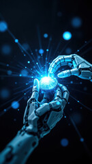 Obraz premium Futuristic robot's hand holding an orb that contains an AI core amidst glowing blue particles.