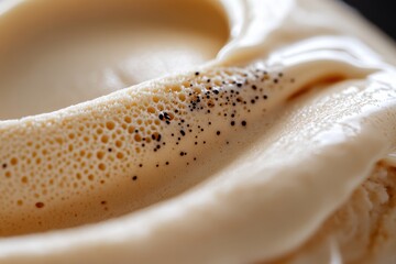 This artistic close-up displays a creamy swirl of vanilla ice cream adorned with black speckles, creating an inviting and visually appealing experience for ice cream lovers.