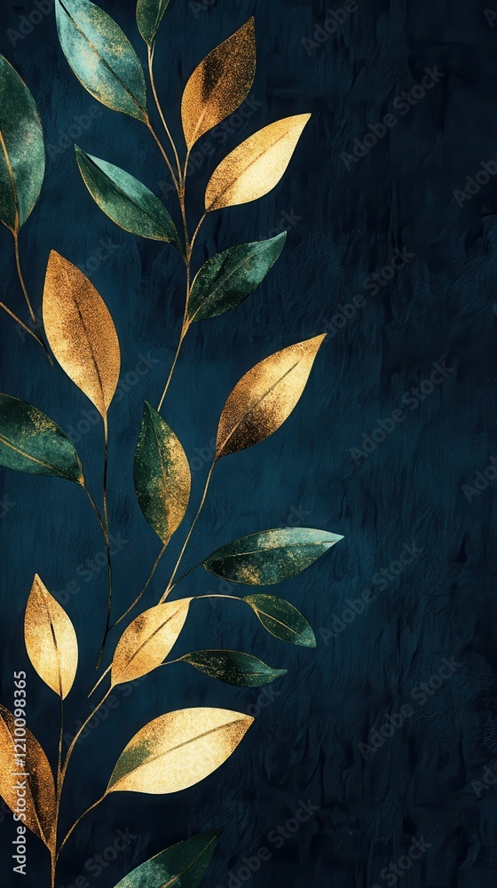 Aufkleber sophisticated design featuring glossy metallic gold branches and emerald leaves against a deep navy 