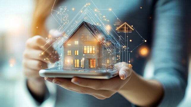 Woman hand with phone and house building. Digitization of real estate market. Search for properties online, virtual tours, remote negotiations,