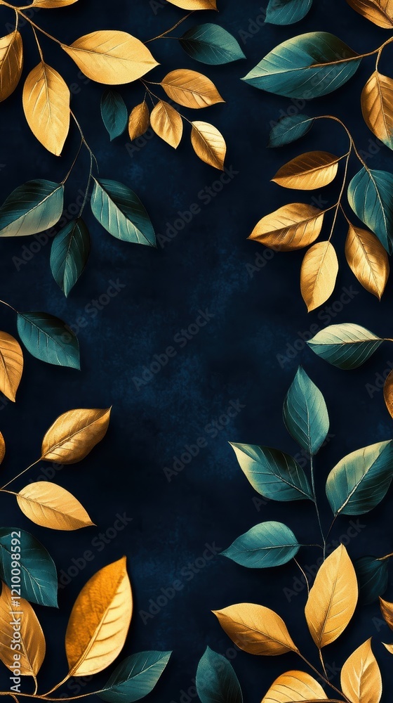 Aufkleber glossy metallic gold branches with emerald leaves on a deep navy background highlight sophistication