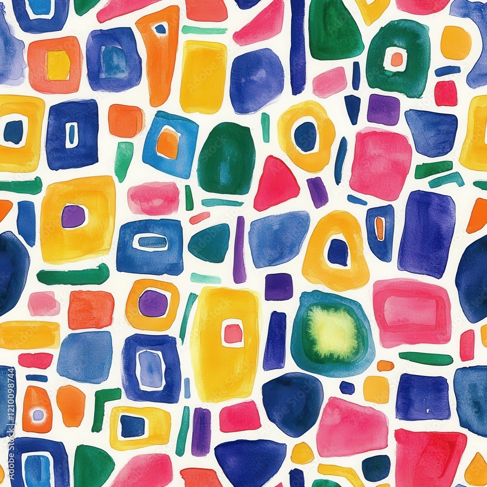 Poster whimsical watercolor doodle pattern with vibrant geometric shapes in primary colors for playful desi
