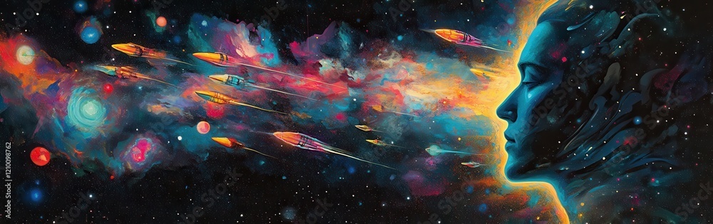 Poster man's profile illuminated by radiant rocket ships soaring into a starlit cosmos, illustrating a jour