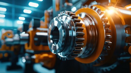 Fototapeta premium Close up of industrial gears with a bright light in a factory setting with blue background