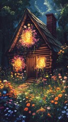 Radiant wooden cabin adorned with blooming flowers in a lush meadow at twilight