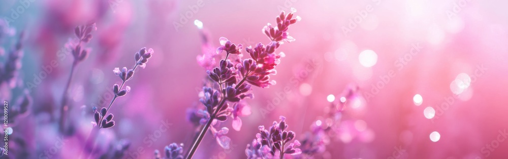 Poster Vibrant gradient background blending pink and lavender with glowing bokeh lights creating a dreamy atmosphere