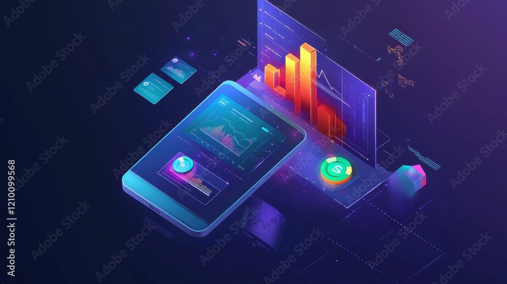 Poster exploring mobile trading platforms through vibrant double exposure showcasing financial growth indic
