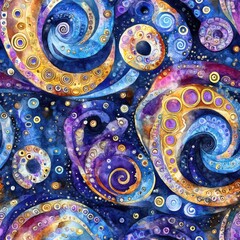 Vibrant watercolor doodle design featuring fractal spirals in bold blues, purples, and golds