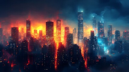 Fototapeta premium Cityscape in Flames: A futuristic cityscape ablaze with vibrant hues of red and blue. Towers soar against a dramatic stormy sky. The contrast creates a sense of both danger and wonder.