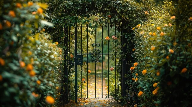A gate covered in ivy and flowering vines.