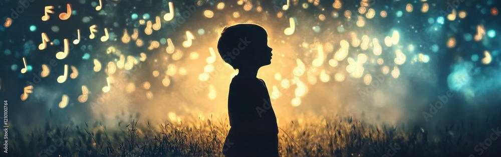 Poster surreal silhouette of a child amidst glowing musical notes creating whimsical patterns against a vib