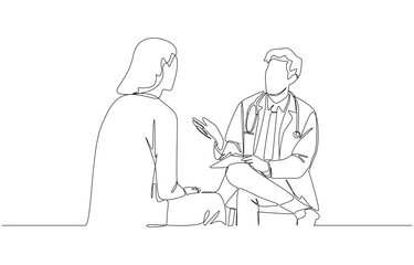 Continuous one line drawing of psychiatrist talking in friendly manner with patient, mental health checkup, psychiatric counseling concept, single line art