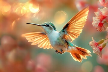 Fototapeta premium Hummingbird hovering, garden, sunset bokeh, floral background, spring