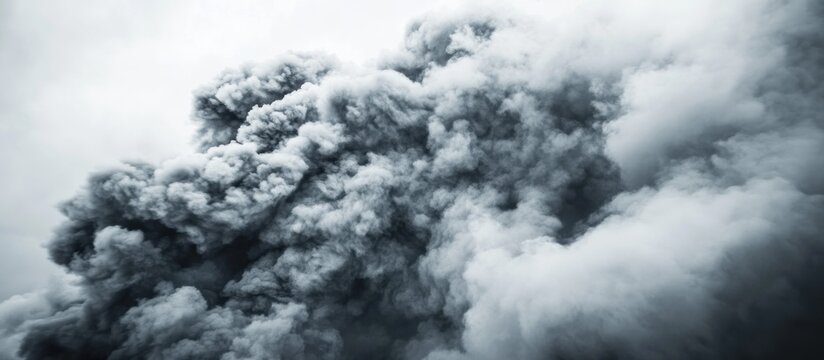 Dark smoke plume outdoors, grey sky background, environmental disaster imagery