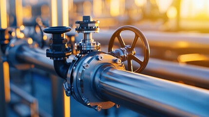 Industrial pipes with valves and flanges under warm sunset light showing detail and texture
