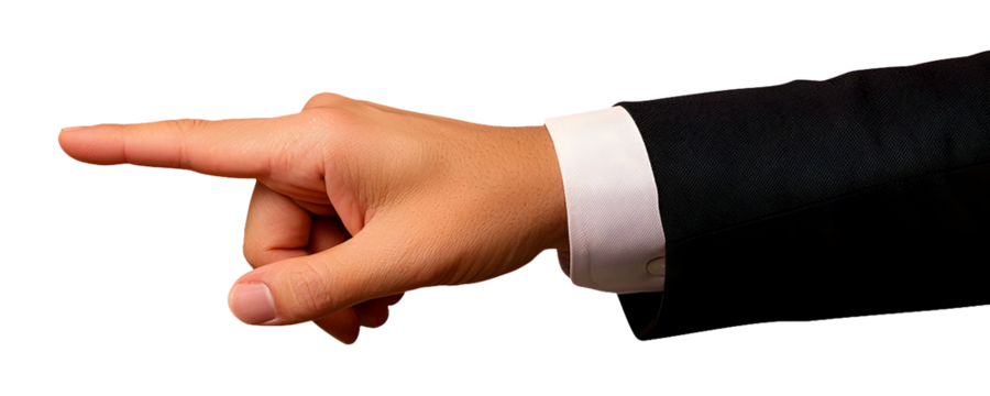 A businessman's hand, sharply dressed in a formal suit, extends, index finger pointing decisively.  A gesture of direction, power, and control., cut out,transparent background