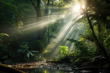 Beautiful green rainforest landscape vegetation sunlight