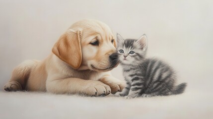 Heartwarming moment between golden Labrador puppy and gray and white kitten showcasing friendship