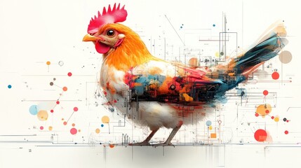 Fototapeta premium Colorful rooster digital art, circuit background, modern design, farm animal, graphic design