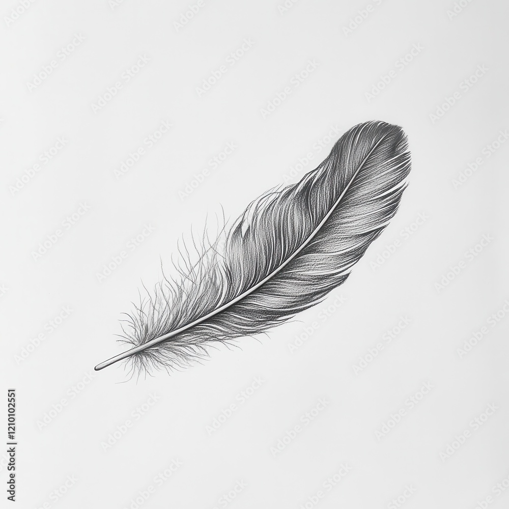 Poster intricately detailed feather drawn with soft pencil strokes capturing delicate textures and forms in
