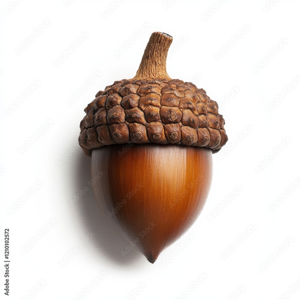 Poster Single brown acorn with textured cap displayed on a white background highlighting natural details and shape