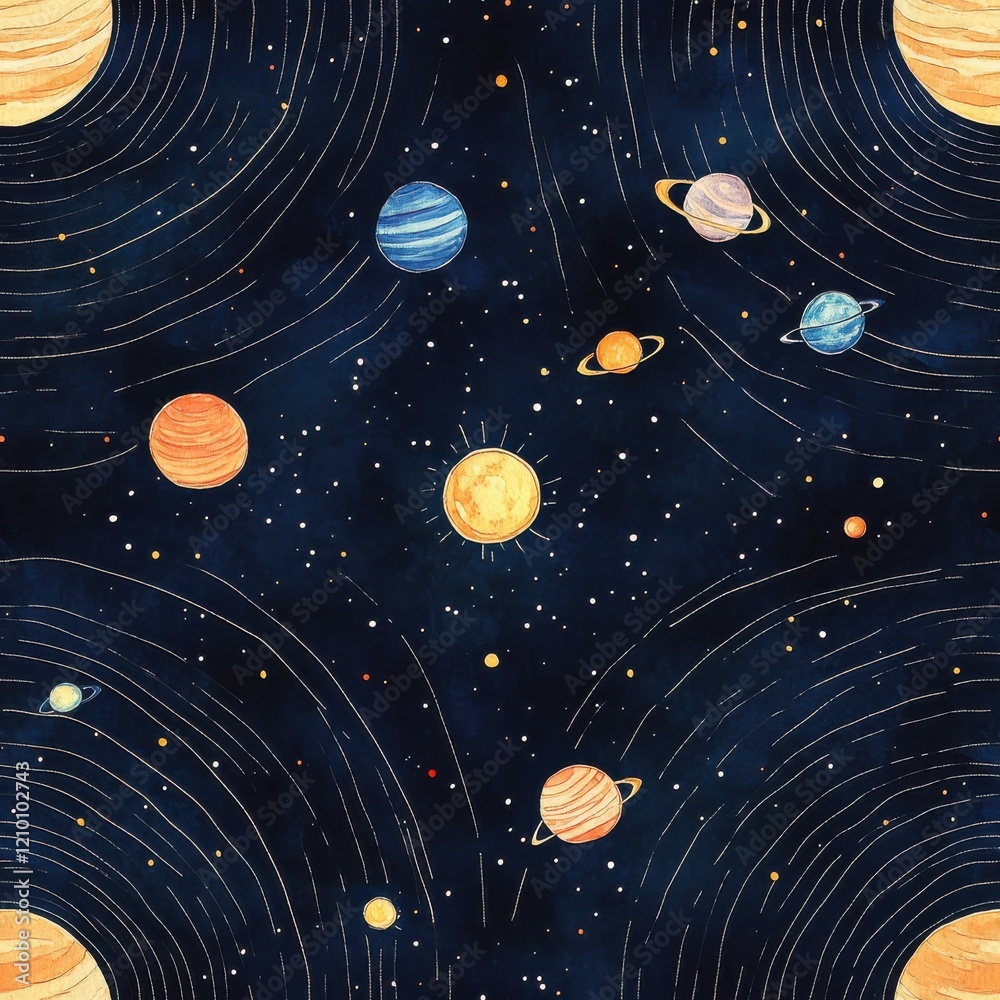 Poster serene watercolor doodle pattern of the solar system with glowing sun and tiny planets on dark navy 