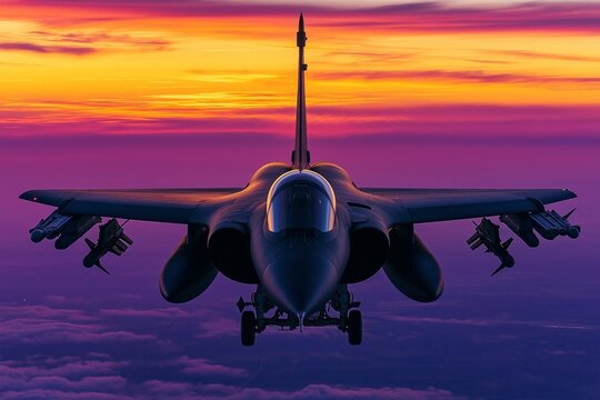 A military fighter jet captured from the front during a vivid sunset, flying above the clouds with a sleek aerodynamic design