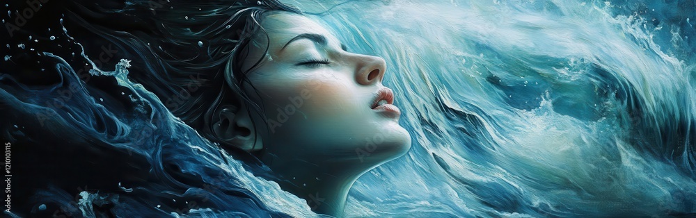 Poster portrait of a woman's serene face blending into tranquil ocean waves while glowing under soft natura