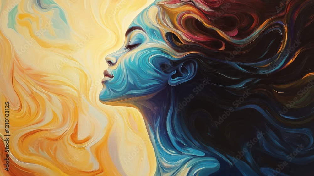 Poster Radiant woman merging with colors in a harmonious abstract portrait filled with flowing curves and glowing light