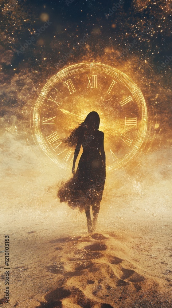 Poster woman glows with radiant clock hands and flowing sand illustrating the essence of passing time in a 