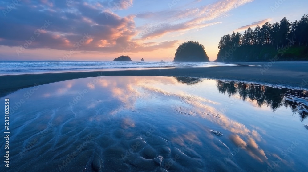 Poster spring sunset casts soft light on sandy beach with tide pools reflecting serene colors along the sho