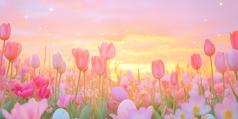 Cute pinky tulip flowers field with aesthetic gradient sunset background