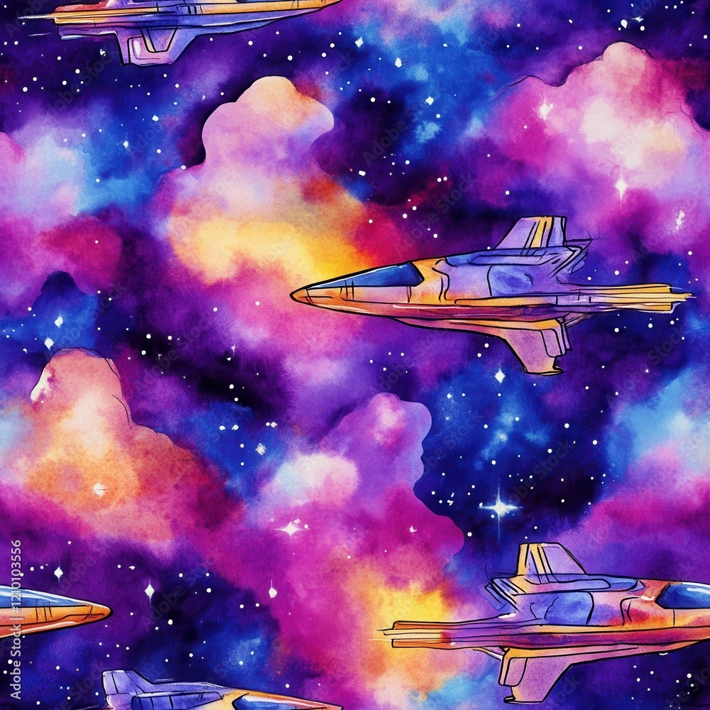Poster Futuristic spaceships glide through colorful nebula clouds in bold metallic tones, creating a vibrant watercolor pattern full of adventure
