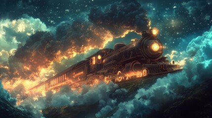 Mystical train emerging from glowing steam clouds through otherworldly landscapes at twilight