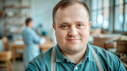 Fototapeta premium Man with Down syndrome smiling in a cafe setting
