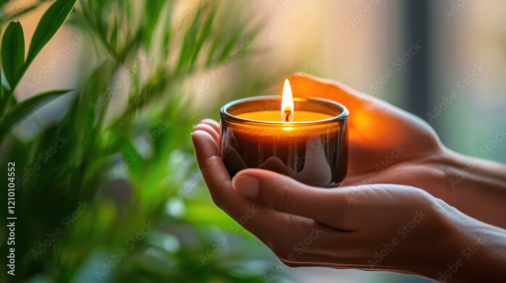 Poster hands holding a lit candle with blurred green leaves in background creating a warm glow