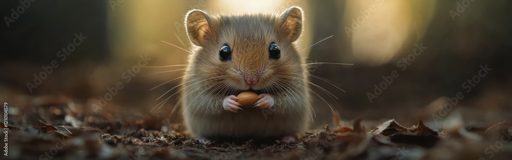 Poster captivating close-up of a hamster enjoying a seed amidst a softly blurred backdrop