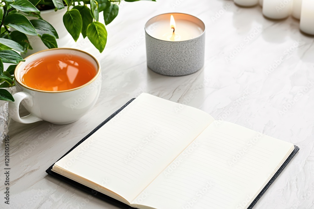 Poster open notebook with tea and lit candle on white marble table for relaxation and planning