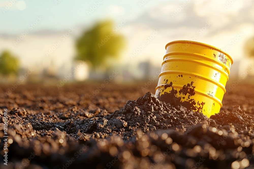 Poster yellow barrel in dirt field with blurred trees and sky at sunset creating a warm glow