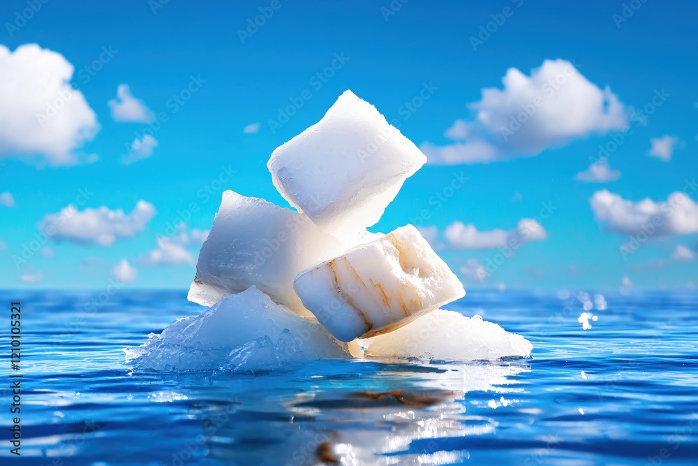 Poster stack of ice blocks floating on blue water under a bright sky with white clouds