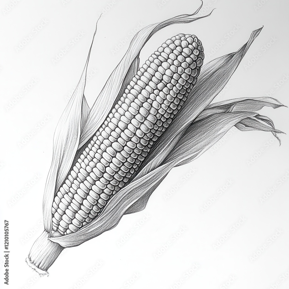 Poster detailed pencil drawing of a corn cob with vibrant kernels and lush husk showcasing natural textures