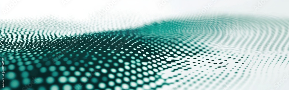 Poster cool halftone composition in teal fading into dark emerald green on a neutral background presents de