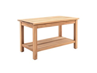 Fototapeta premium Sustainable and Wooden product. Wooden table with a slatted top and shelf, ideal for outdoor or casual indoor spaces.