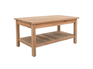 Fototapeta premium Sustainable and Wooden product. Wooden coffee table with a slatted design and lower shelf for storage.