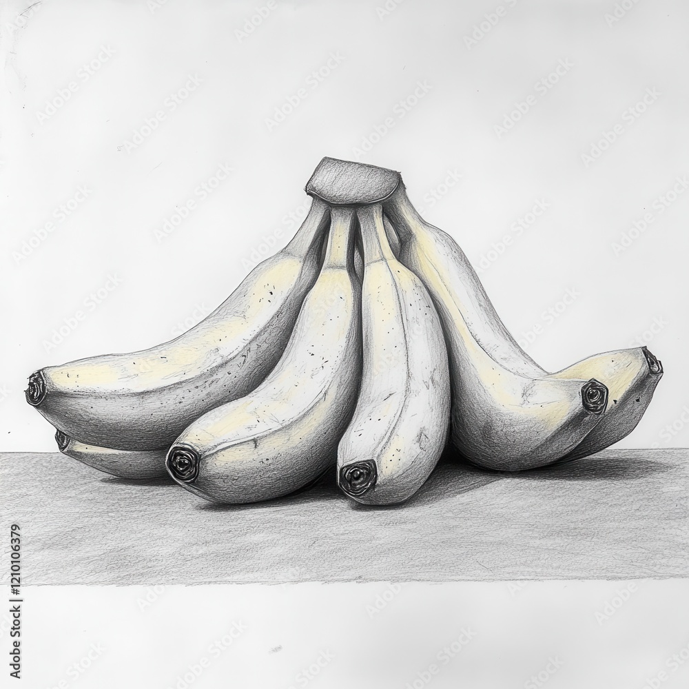 Poster bunch of bananas drawn in pencil resting on a table with realistic shading showcasing texture and de